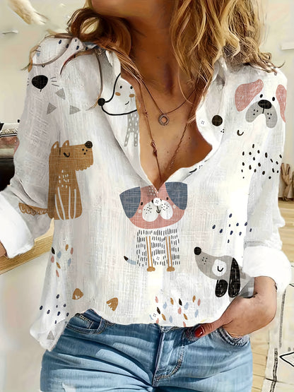 Cartoon Print Button Front Shirt – Casual Long Sleeve Cardigan for Spring & Fall