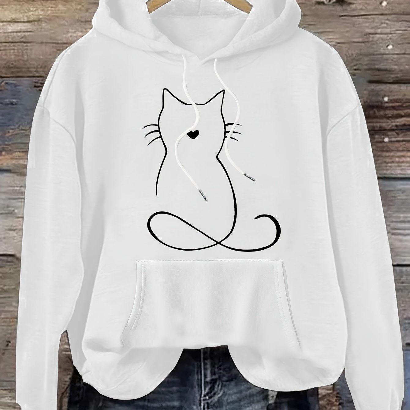 Cat Print Kangaroo Pocket Hoodie – Casual Drawstring Hooded Sweatshirt