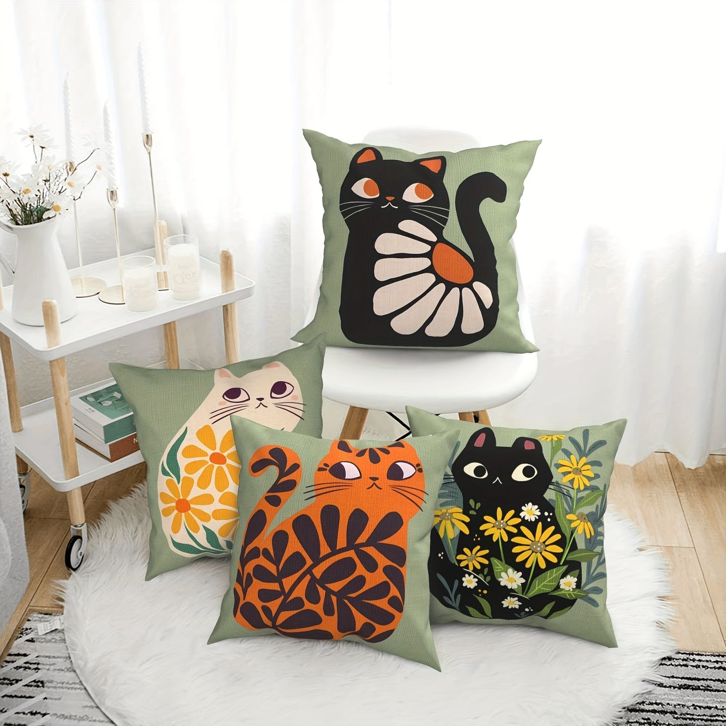 4 Pcs Chic Linen Blend Square Throw Pillow Covers – Green Cat & Floral Design