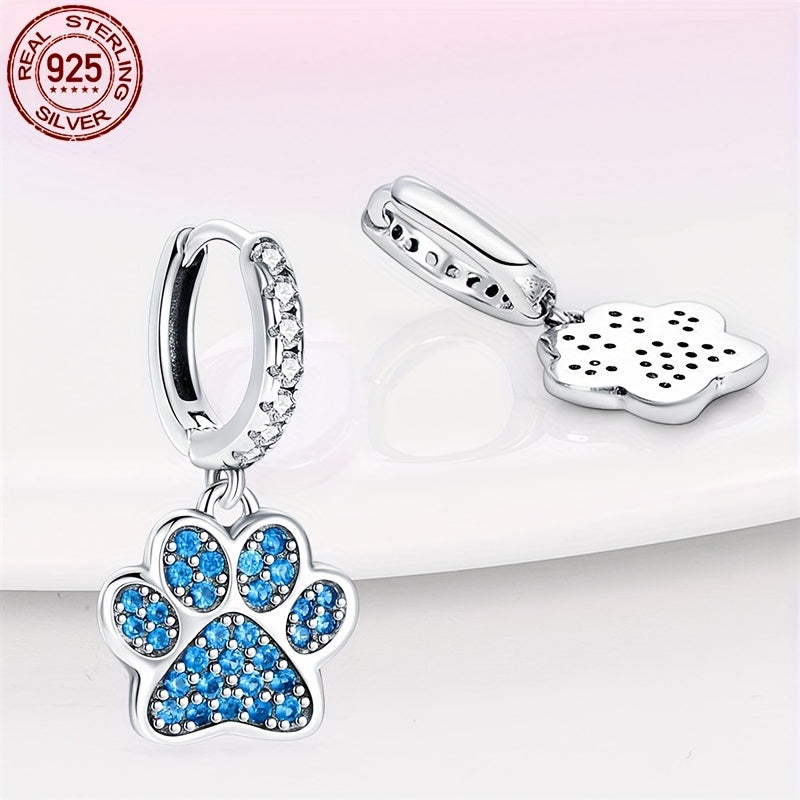 Sterling 925 Silver Hypoallergenic Dangle Earrings with Blue Zirconia Paw Design