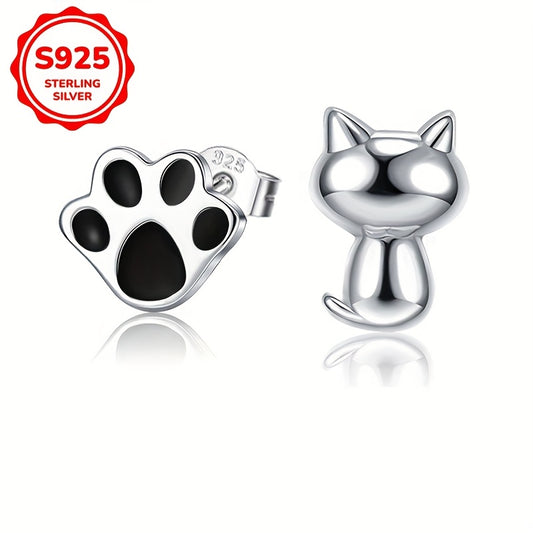 Elegant Cute Animal Theme 925 Sterling Silver Stud Earrings – Cat and Paw Print Design