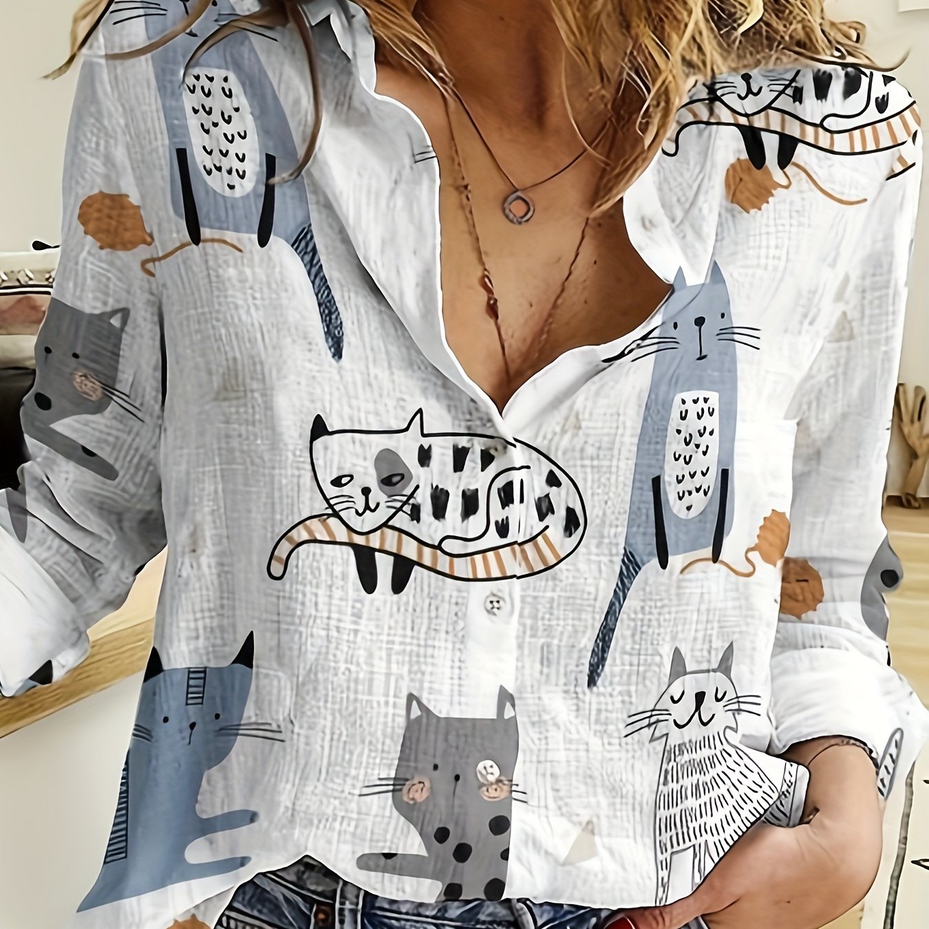 Cartoon Print Button Front Shirt – Casual Long Sleeve Cardigan for Spring & Fall