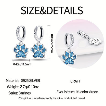 Sterling 925 Silver Hypoallergenic Dangle Earrings with Blue Zirconia Paw Design