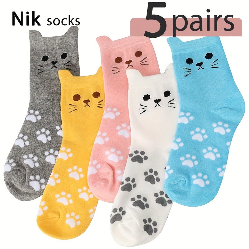 WhimsyCat Women’s Crew Socks – Cute Cat Face & Paw Print Design