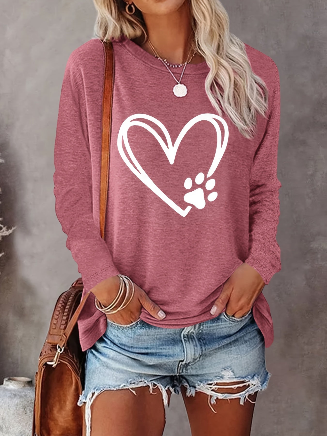 Dog Paw Heart Pattern T-Shirt – Women's Long Sleeve Casual Top for Fall & Spring