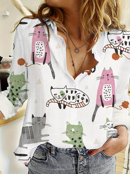 Cartoon Print Button Front Shirt – Casual Long Sleeve Cardigan for Spring & Fall