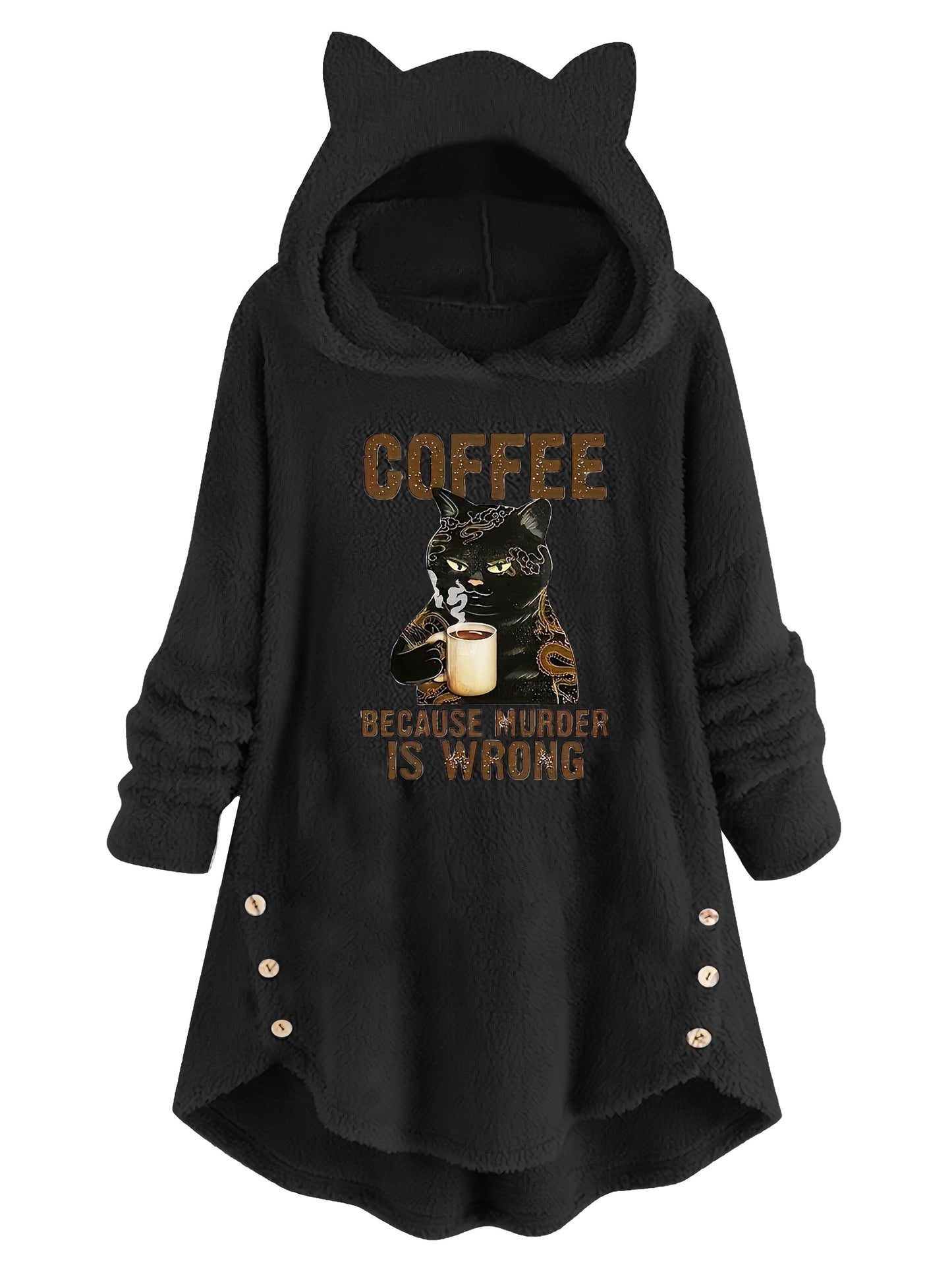 Cozy Cat & Slogan Print Teddy Hoodie for Women