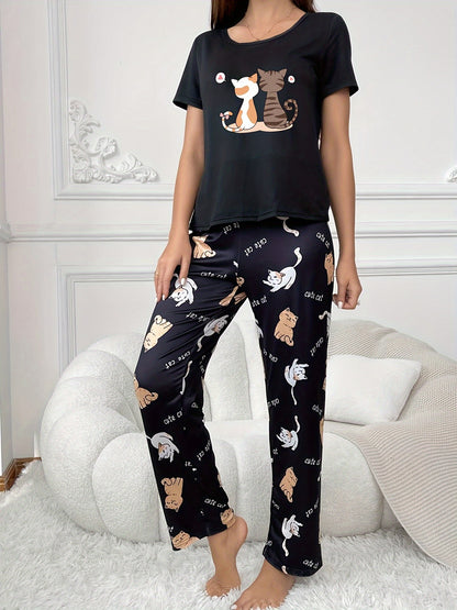 Cartoon Kitten Pattern Women's Pajama Set – Cozy and Cute Sleepwear