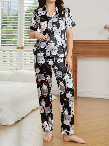 Cute Cat Print Satin Pajama Set – Short Sleeve Button Lapel Top & Elastic Pants, Women's Sleepwear