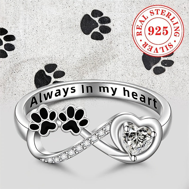 925 Sterling Silver Infinity Promise Ring – April Birthstone with Heart-Shaped Zirconia & Paw Print