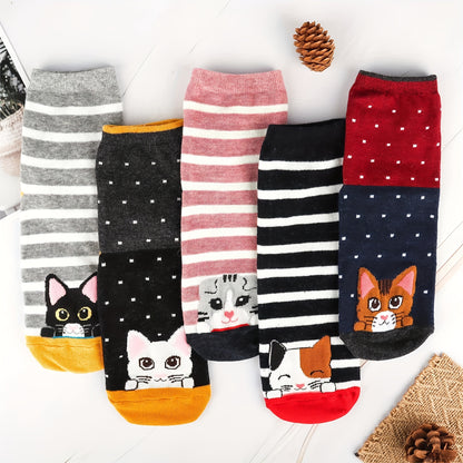 5-Pack Cozy Women's Cute Cat Print Short Ankle Socks - Perfect Gift for Her