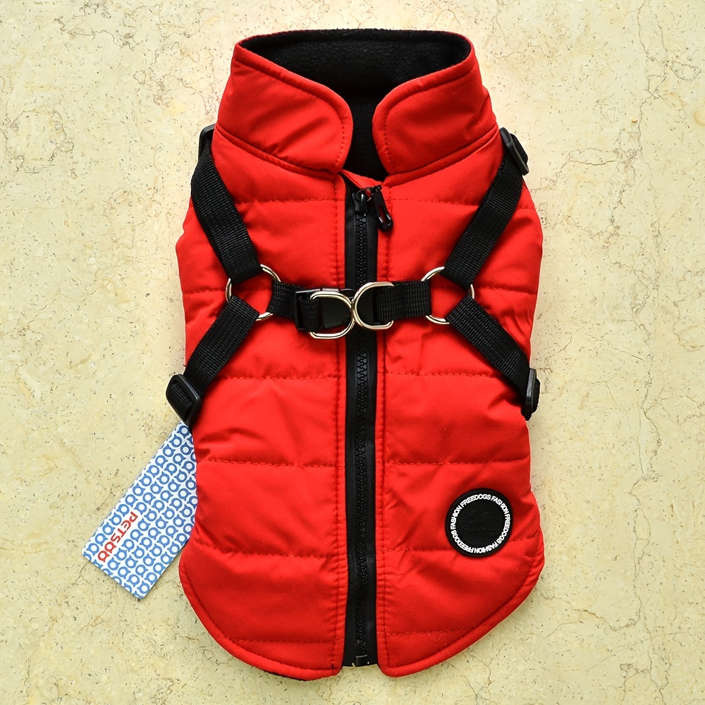 Warm Padded Dog Vest with Built-In Harness – Cozy Red Coat for Small Dogs