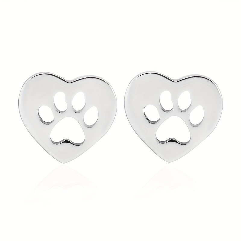 Heart-Shaped Hollow Animal Footprint Stud Earrings – Cute & Elegant Stainless Steel Jewelry