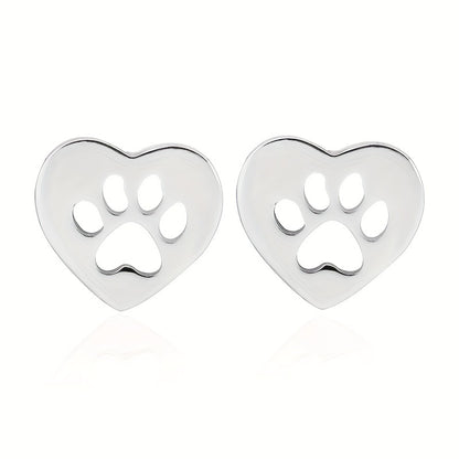 Heart-Shaped Hollow Animal Footprint Stud Earrings – Cute & Elegant Stainless Steel Jewelry