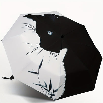 Black and White Cat Pattern Folding Umbrella – Rainproof and Sunshade Protection