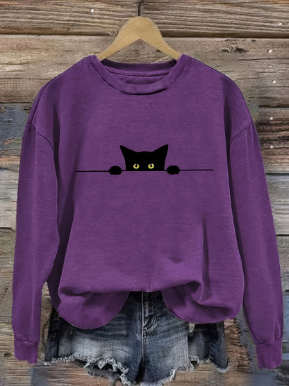 Cat Print Pullover Sweatshirt – Casual Long Sleeve Crew Neck Sweatshirt for Fall & Winter