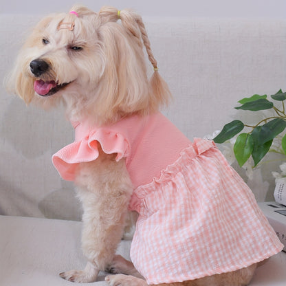 Dog Pastoral Plaid Bow Bud Dress with Flying Sleeves