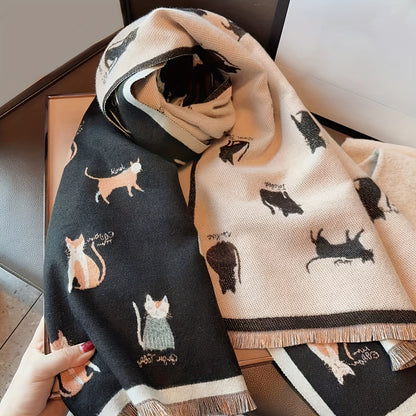 Casual Animal Pattern Embroidered Cat Scarf – Double-Sided Woven Polyester Shawl for Warmth and Style