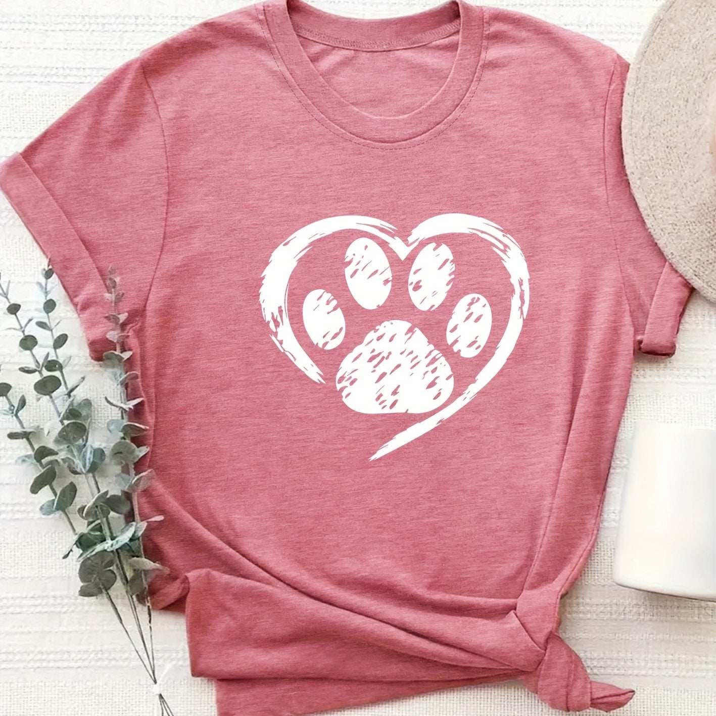 Women's Vintage Style Short Sleeve T-Shirt with Love Heart Cat Paw Print – Casual Round Neck