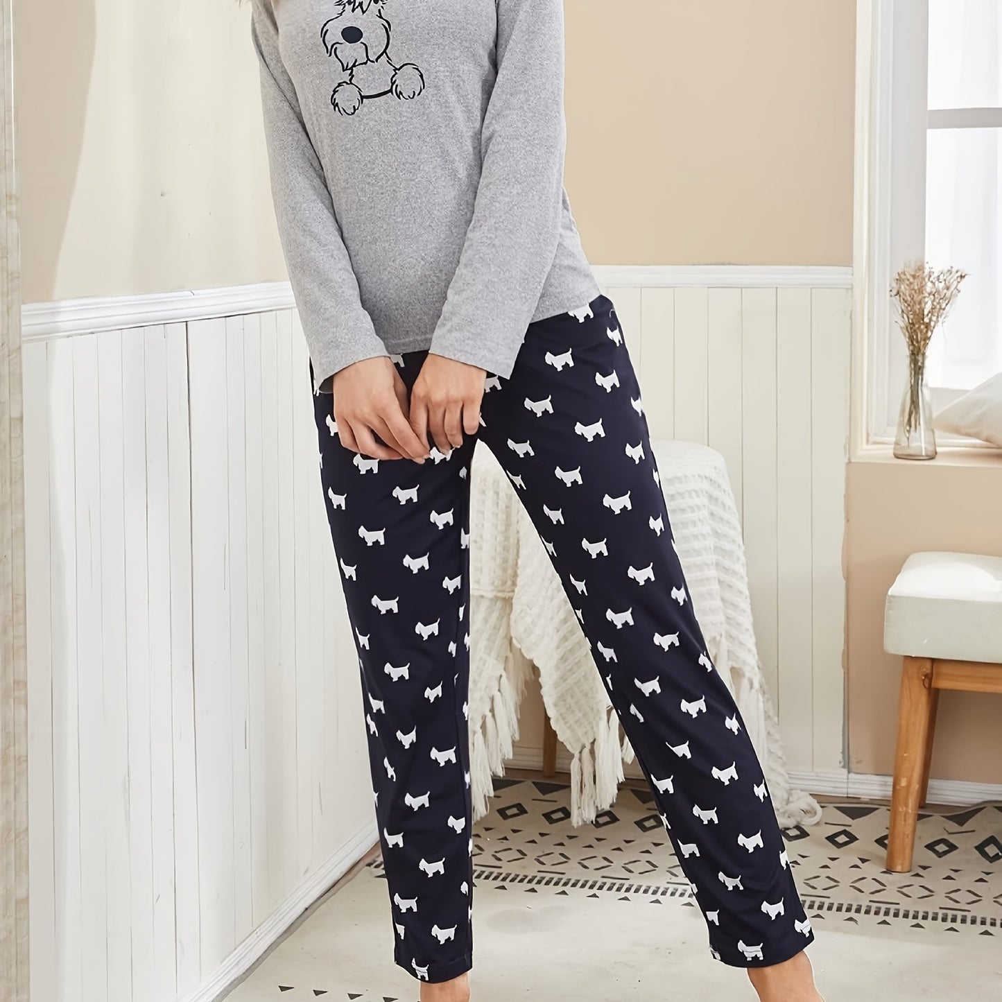 Cartoon Dog Print Pajama Set – Long Sleeve Crew Neck Top & Elastic Waistband Pants