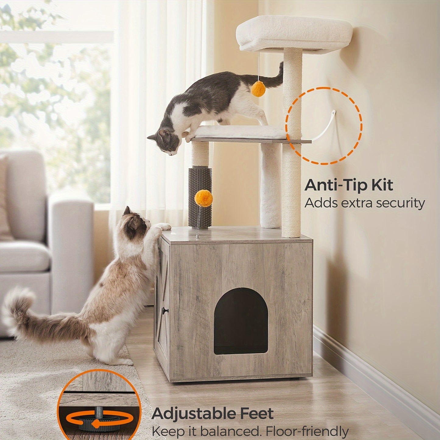 WoodyWonders Cat Tree with Litter Box Enclosure - 2-in-1 Modern Cat Tower for Indoor Cats