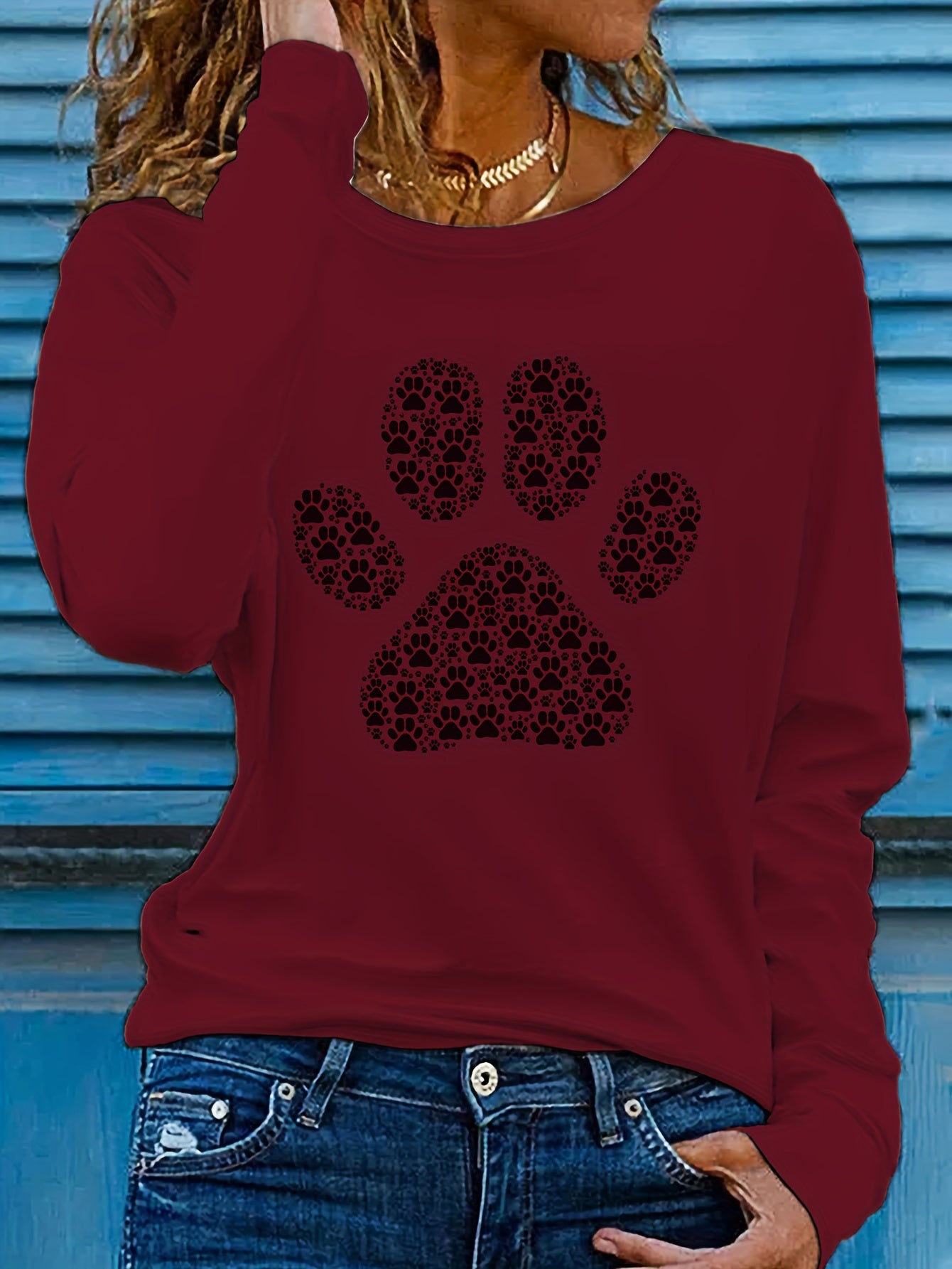 Adorable Puppy Paw Print Tee - Soft, Casual, Long Sleeve Crew Neck T-shirt for Women - Comfortable, Relaxed Fit, Animal Lover's Gift Idea, Women's Clothing