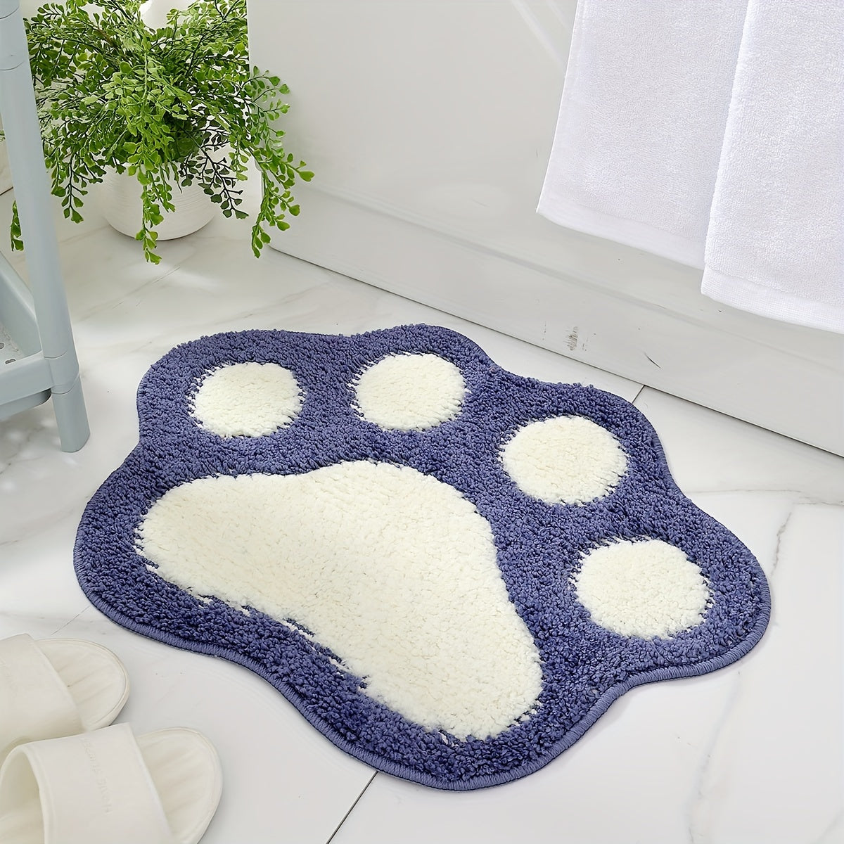 Ultra-Soft Flocked Bath Mat – Non-Slip, Absorbent & Machine Washable with Cute Paw Print Design for Bathroom Decor