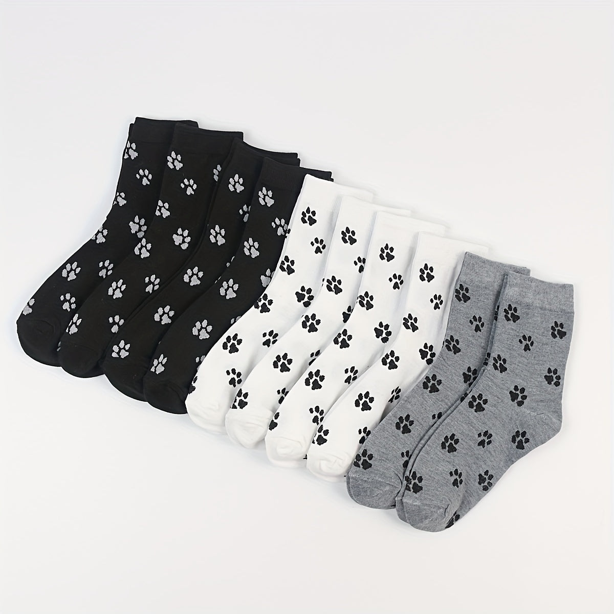 6 Pairs of Adorable Puppy Paw Print Socks – Fashionable Mid-Tube Socks for Women