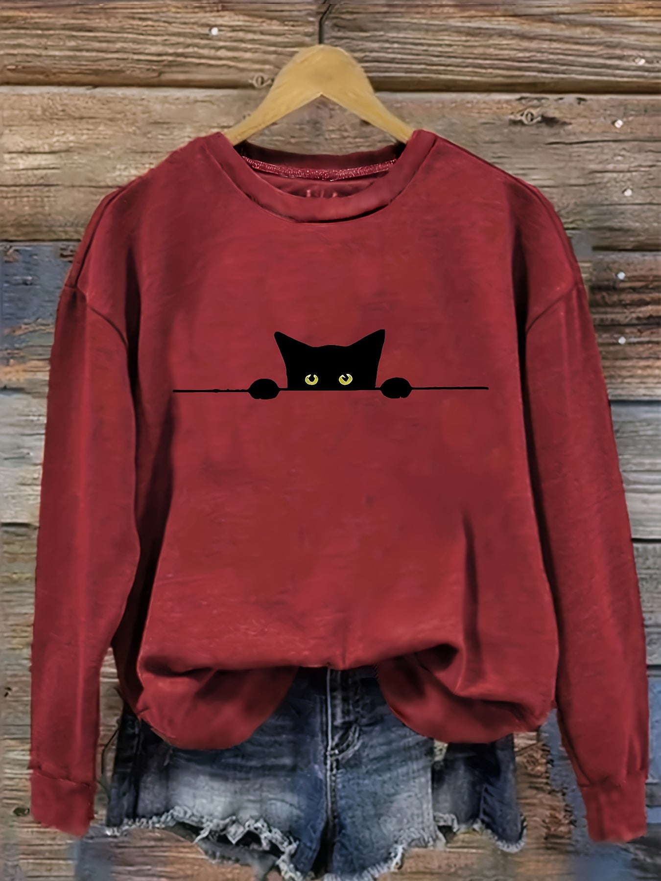 Cat Print Pullover Sweatshirt – Casual Long Sleeve Crew Neck Sweatshirt for Fall & Winter