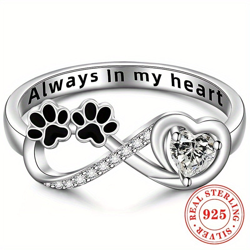 925 Sterling Silver Infinity Promise Ring – April Birthstone with Heart-Shaped Zirconia & Paw Print