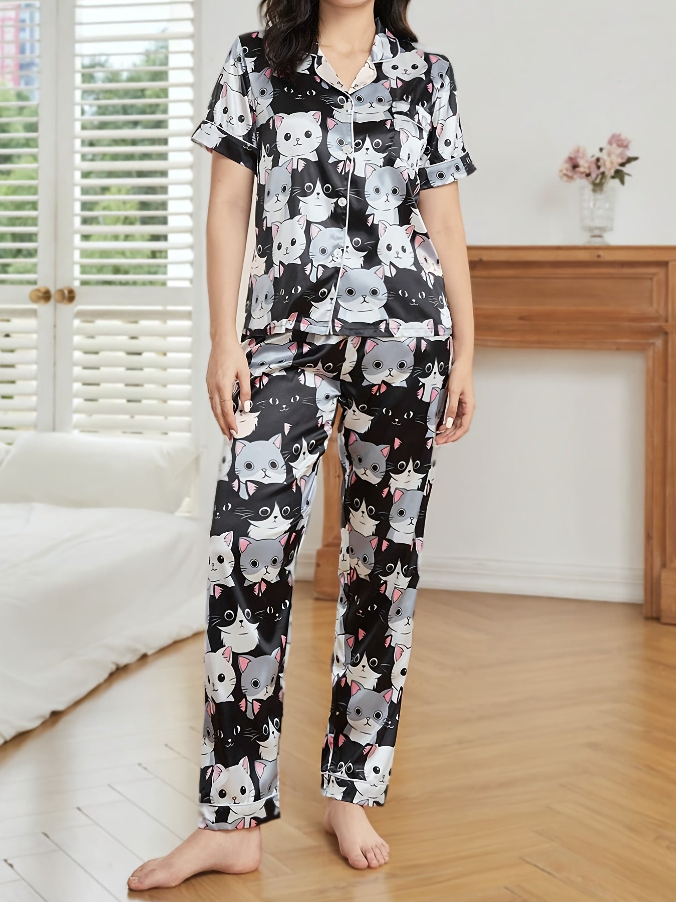 Cute Cat Print Satin Pajama Set – Short Sleeve Button Lapel Top & Elastic Pants, Women's Sleepwear