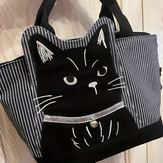 Black Cat Embroidered Tote Bag – Large Capacity Shoulder Bag