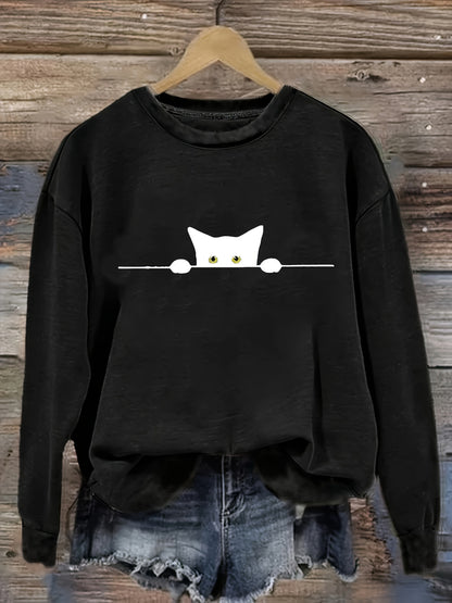 Cat Print Pullover Sweatshirt – Casual Long Sleeve Crew Neck Sweatshirt for Fall & Winter