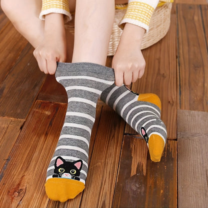 5-Pack Cozy Women's Cute Cat Print Short Ankle Socks - Perfect Gift for Her