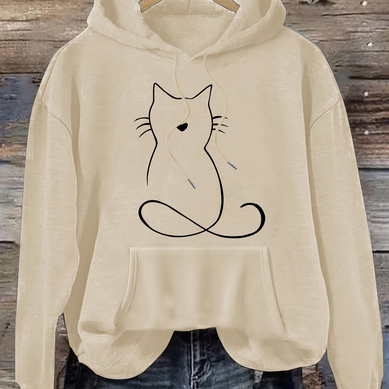 Cat Print Kangaroo Pocket Hoodie – Casual Drawstring Hooded Sweatshirt