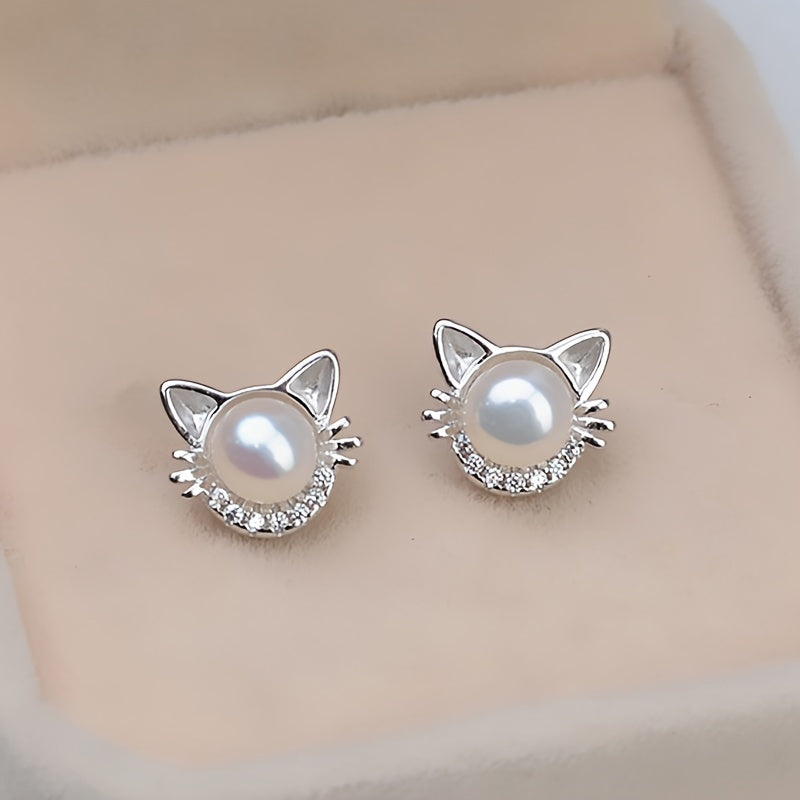 Adorable Cat Design Stud Earrings with Imitation Pearl – Elegant Vintage Style for Women