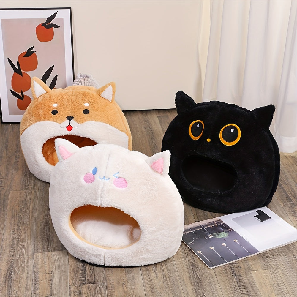 Cartoon Cat House Bed – Cozy Winter Warm Enclosed Pet Cave for Cats and Small Dogs