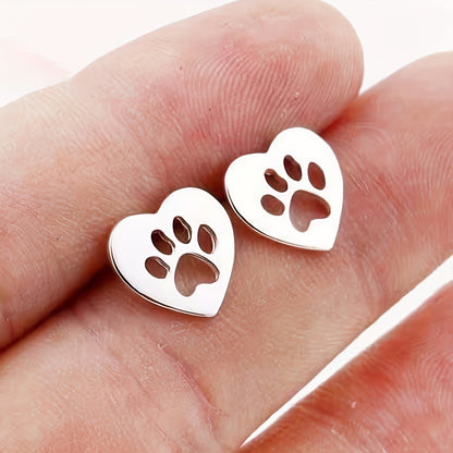 Heart-Shaped Hollow Animal Footprint Stud Earrings – Cute & Elegant Stainless Steel Jewelry