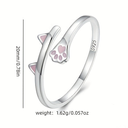 925 Sterling Silver Cute Cat Paw Ring – Adjustable Pink Cat Paw Wrap Ring for Women