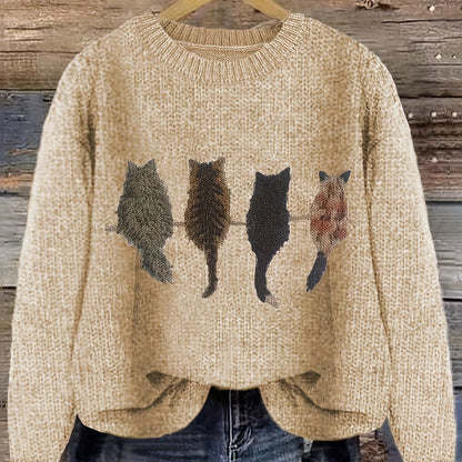 Cat Print Crew Neck Color Block Casual Pullover Sweater