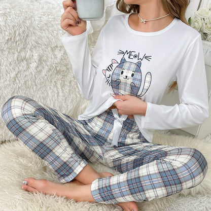 Cozy & Cute Cartoon Cat Plaid Pajama Set for Women