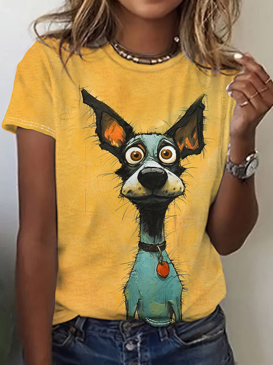 Dog Print T-Shirt – Women's Casual Short Sleeve Crew Neck Top for Spring & Summer