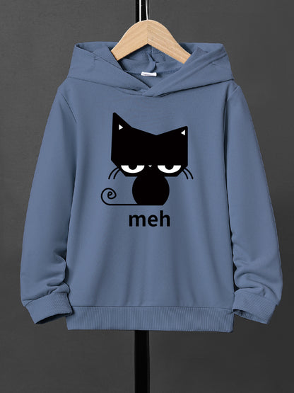 Boys' Casual Cat Print Hoodie – Comfortable Loose-Fit Long Sleeve Pullover for Fall/Winter