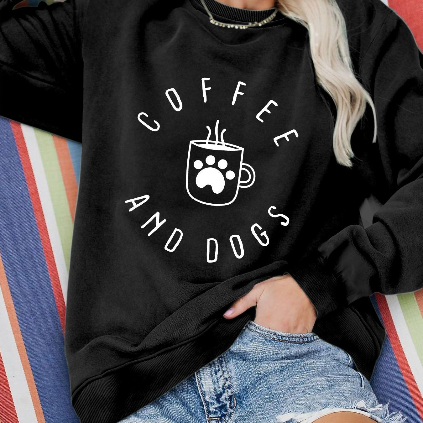 Coffee and Dogs Letter Print Round Neck Long Sleeve Sweater – Cozy & Stylish for Dog Lovers