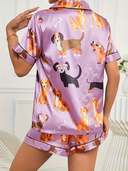 Women's Cute Cartoon Puppy Print Satin Pajama Set