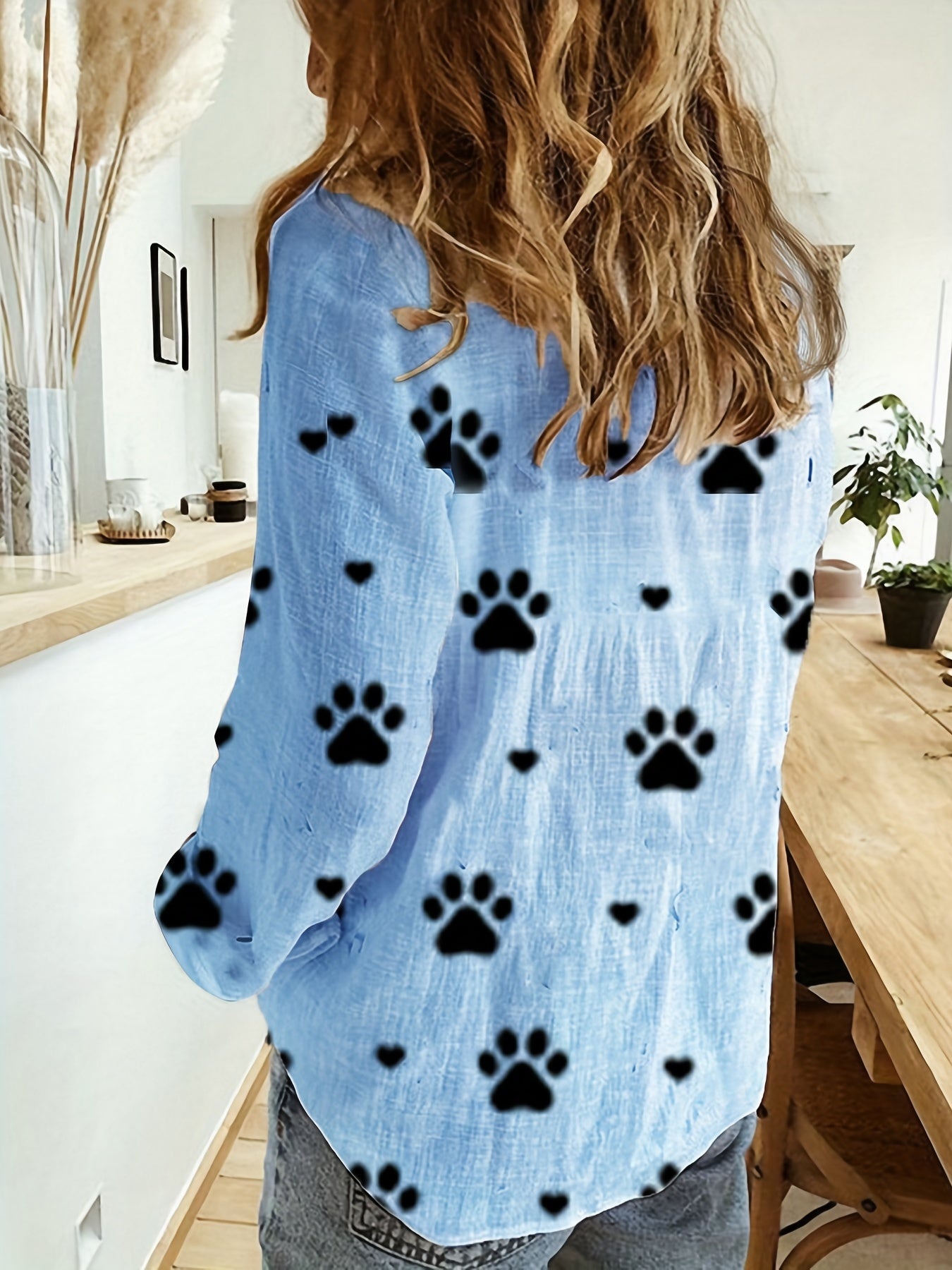 Paw Print Button Front Shirt – Cute & Casual Long Sleeve Top for Spring & Fall