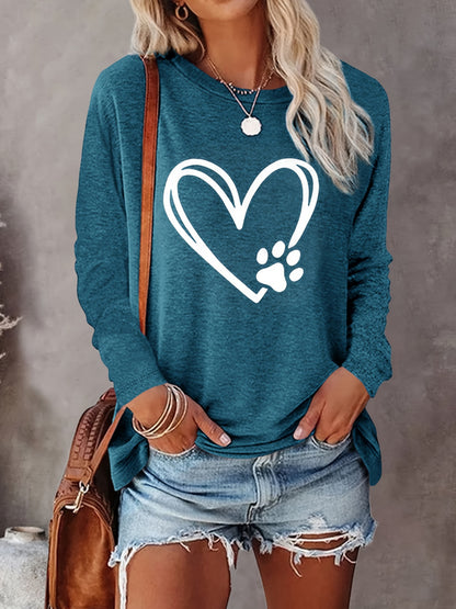 Dog Paw Heart Pattern T-Shirt – Women's Long Sleeve Casual Top for Fall & Spring