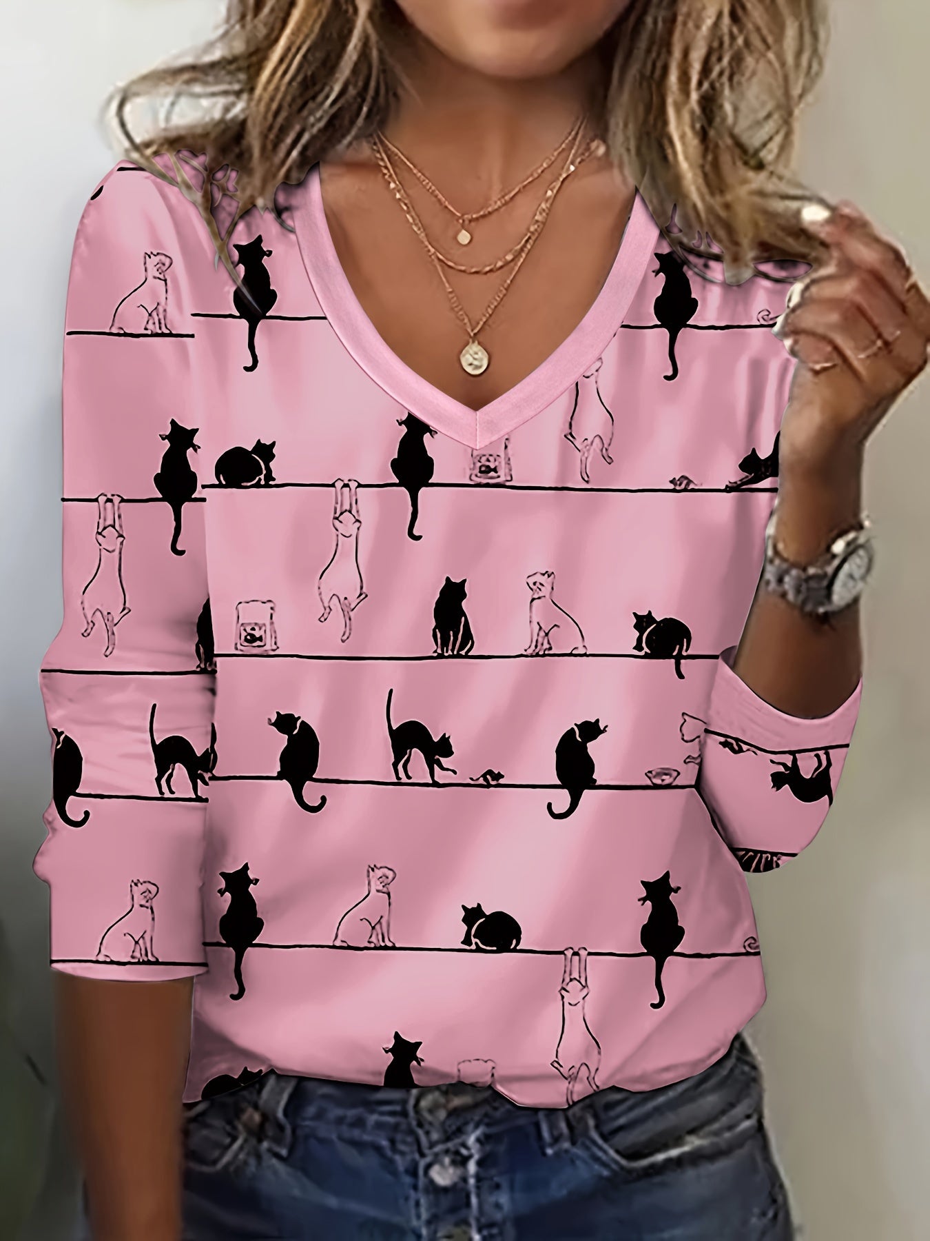 Cute Cat Print V-Neck T-Shirt – Casual Long Sleeve Top for Women