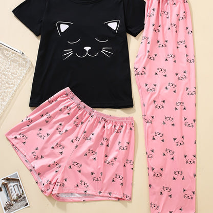 Cute Cat Print Pajama Set – Short Sleeve Crew Neck Top & Shorts/Pants Women's Sleepwear & Loungewear