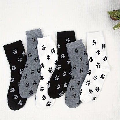 6 Pairs of Adorable Puppy Paw Print Socks – Fashionable Mid-Tube Socks for Women